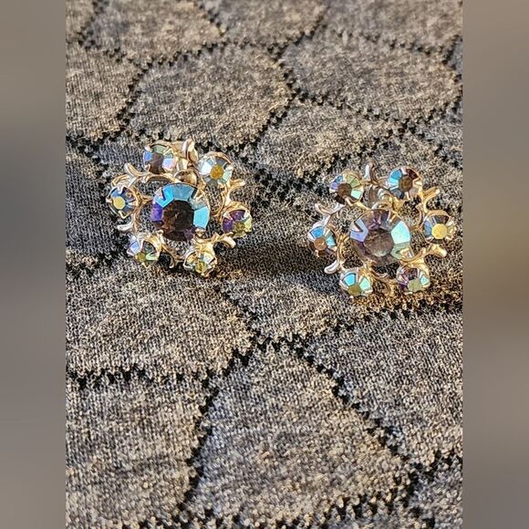 BSK VINTAGE DESIGNER SIGNED 3" BLUE AB RHINESTONE FLOWER FLORAL SPRAY PIN,EARRIN - Picture 9 of 11